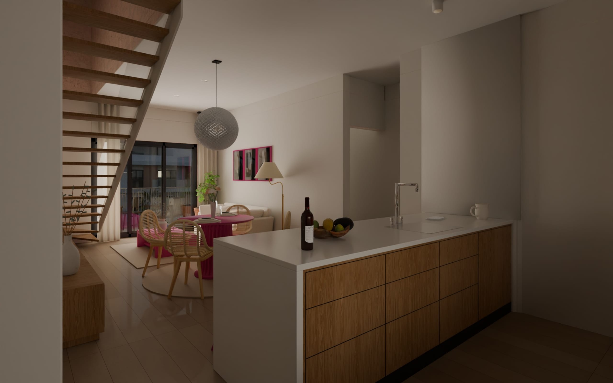 Reference interior: kitchen seen from the entrance